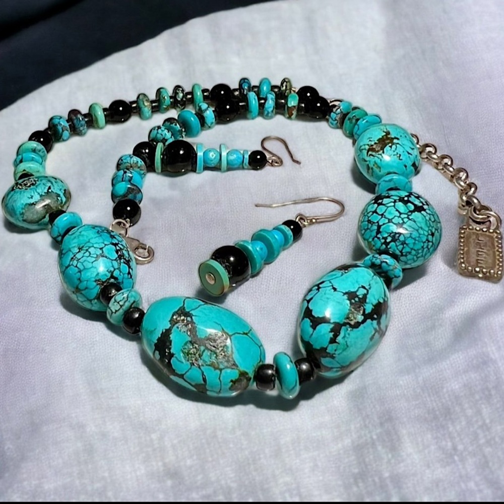 Vintage Handmade Turquoise Necklace with Onyx Solid 925 Sterling Silver+Earrings